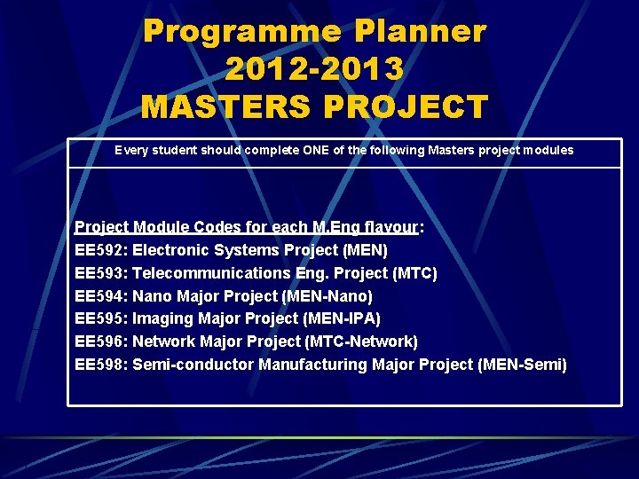 Programme Planner 2012 -2013 MASTERS PROJECT Every student should complete ONE of the following