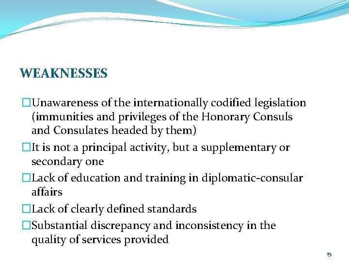 WEAKNESSES �Unawareness of the internationally codified legislation (immunities and privileges of the Honorary Consuls