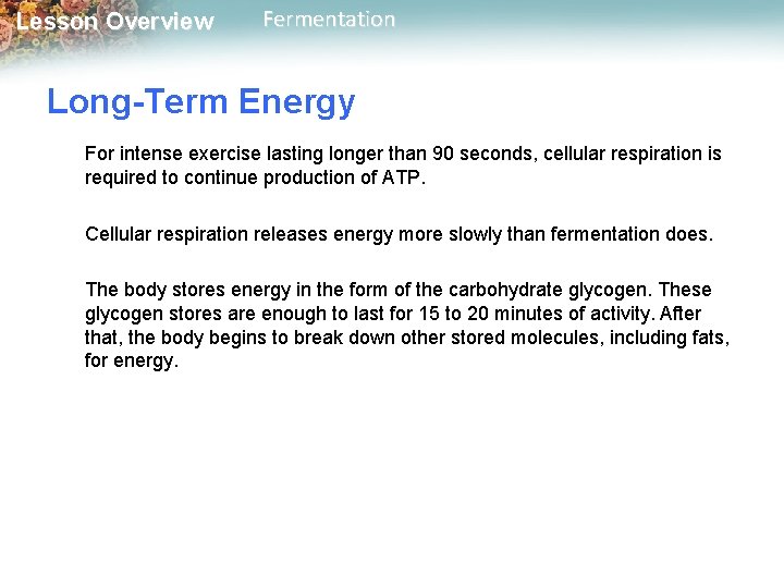 Lesson Overview Fermentation Long-Term Energy For intense exercise lasting longer than 90 seconds, cellular