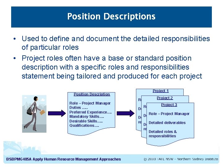 Position Descriptions • Used to define and document the detailed responsibilities of particular roles Position Descriptions • Used to define and document the detailed responsibilities of particular roles