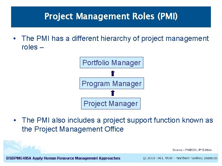 Project Management Roles (PMI) • The PMI has a different hierarchy of project management Project Management Roles (PMI) • The PMI has a different hierarchy of project management