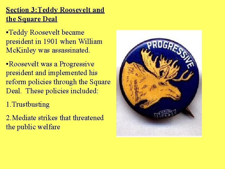 Section 3: Teddy Roosevelt and the Square Deal • Teddy Roosevelt became president in