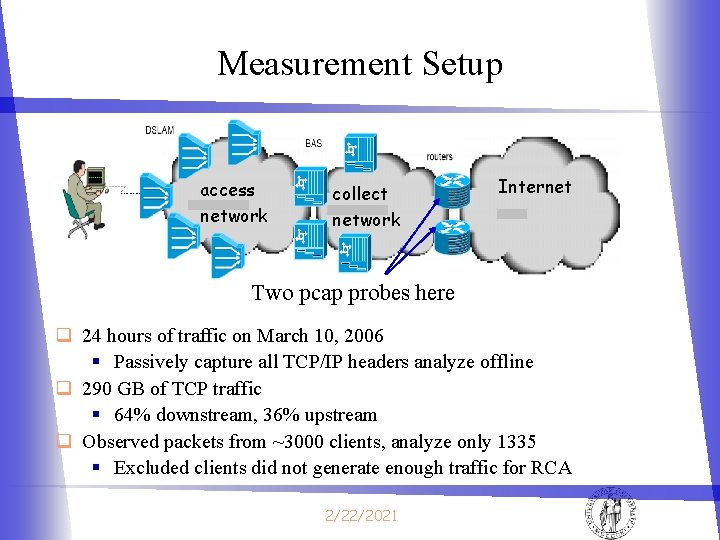 Measurement Setup access network collect network Internet Two pcap probes here q 24 hours Measurement Setup access network collect network Internet Two pcap probes here q 24 hours