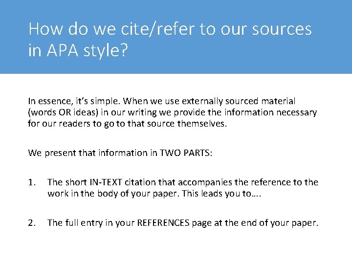 How do we cite/refer to our sources in APA style? In essence, it’s simple.