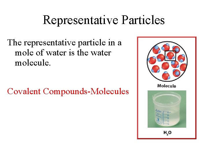 Representative Particles The representative particle in a mole of water is the water molecule. Representative Particles The representative particle in a mole of water is the water molecule.