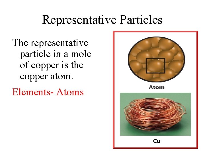 Representative Particles The representative particle in a mole of copper is the copper atom. Representative Particles The representative particle in a mole of copper is the copper atom.