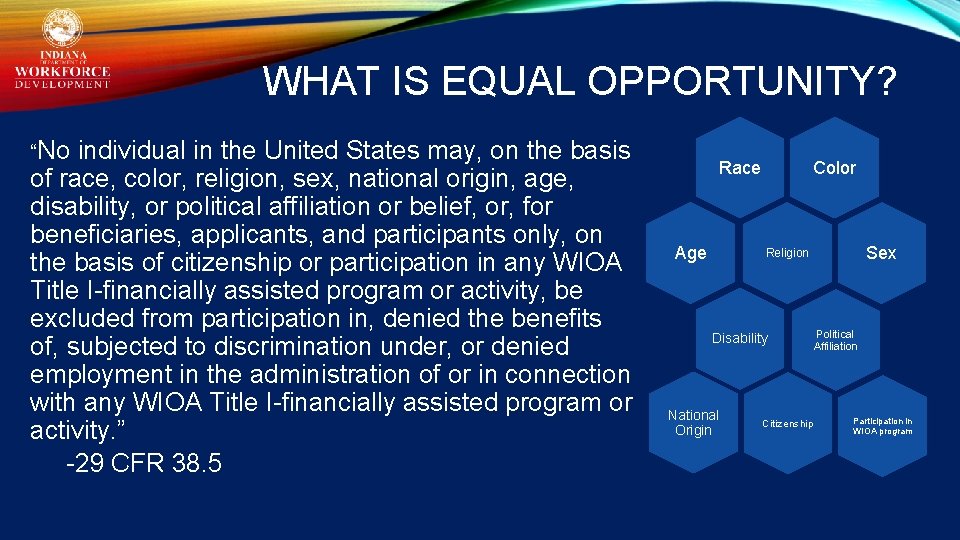 WHAT IS EQUAL OPPORTUNITY? “No individual in the United States may, on the basis