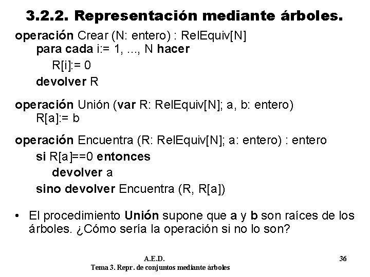 3. 2. 2. Representación mediante árboles. operación Crear (N: entero) : Rel. Equiv[N] para