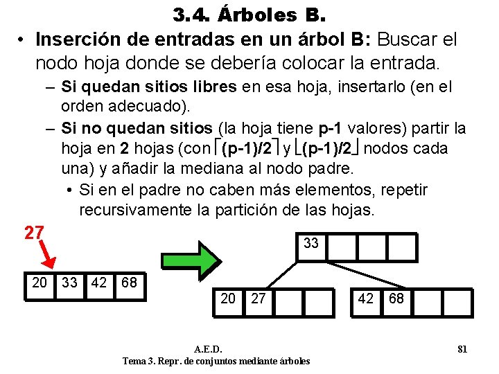 3. 4. Árboles B. • Inserción de entradas en un árbol B: Buscar el