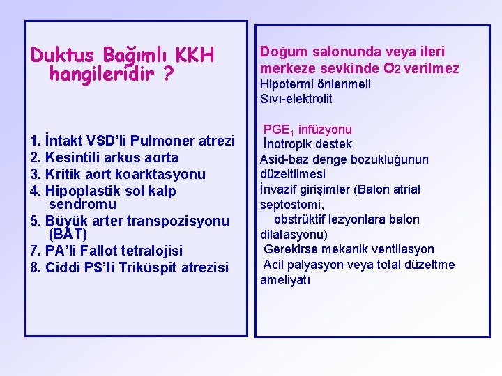 Duktus Bağımlı KKH hangileridir ? Doğum salonunda veya ileri merkeze sevkinde O 2 verilmez