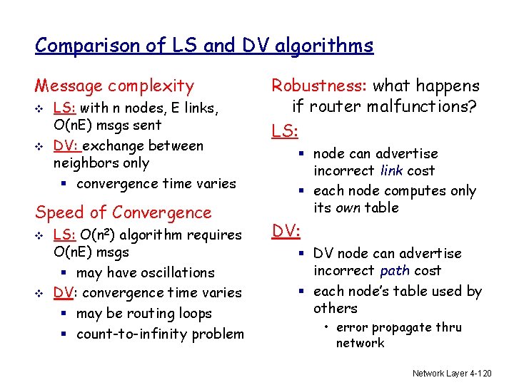 Comparison of LS and DV algorithms Message complexity v v LS: with n nodes,