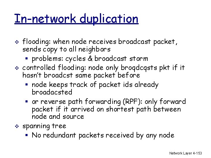 In-network duplication v v v flooding: when node receives broadcast packet, sends copy to