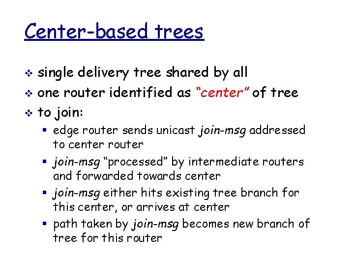 Center-based trees single delivery tree shared by all v one router identified as “center”