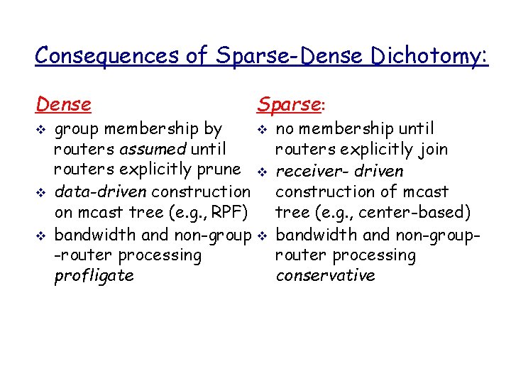 Consequences of Sparse-Dense Dichotomy: Dense v v v Sparse: group membership by v routers