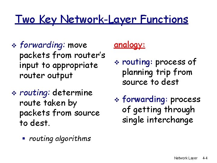 Two Key Network-Layer Functions v v forwarding: move packets from router’s input to appropriate