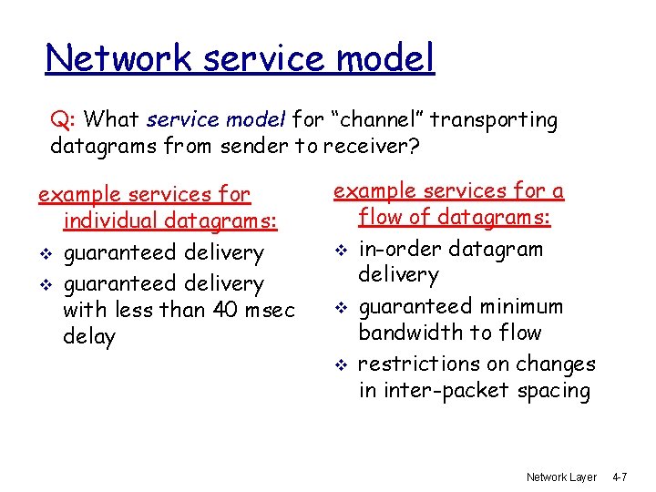 Network service model Q: What service model for “channel” transporting datagrams from sender to