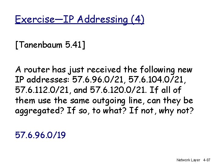 Exercise—IP Addressing (4) [Tanenbaum 5. 41] A router has just received the following new