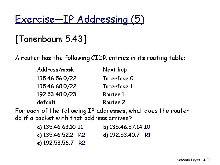 Exercise—IP Addressing (5) [Tanenbaum 5. 43] A router has the following CIDR entries in