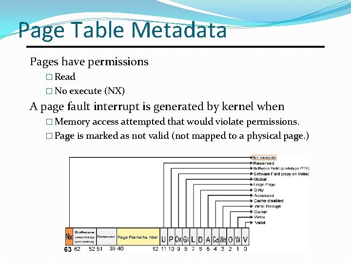 Page Table Metadata Pages have permissions � Read � No execute (NX) A page
