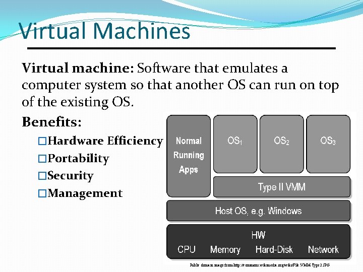 Virtual Machines Virtual machine: Software that emulates a computer system so that another OS