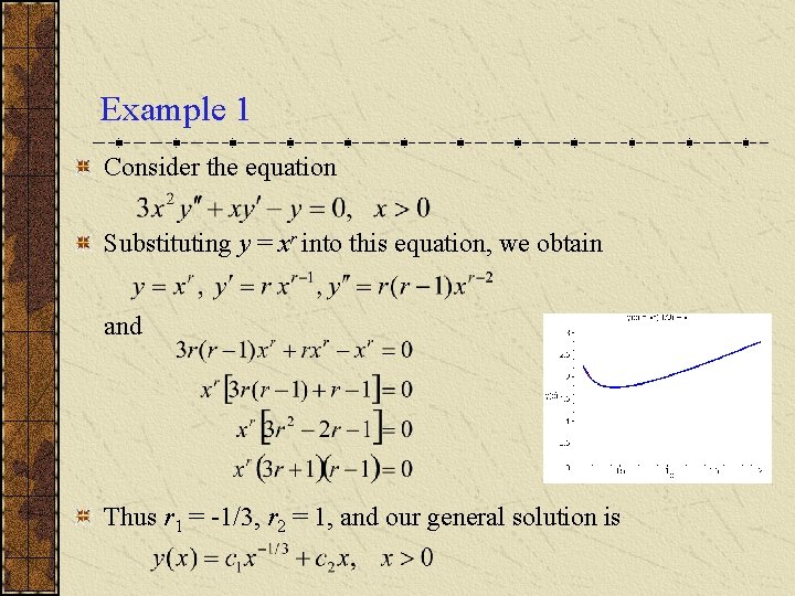 Example 1 Consider the equation Substituting y = xr into this equation, we obtain Example 1 Consider the equation Substituting y = xr into this equation, we obtain