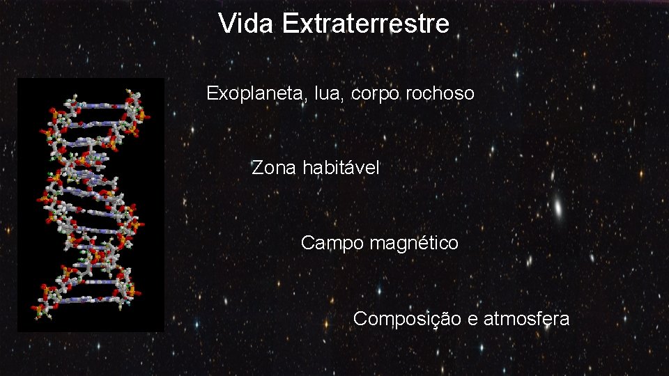 Vida Extraterrestre Exoplaneta, lua, corpo rochoso Zona habitável Campo magnético Composição e atmosfera 