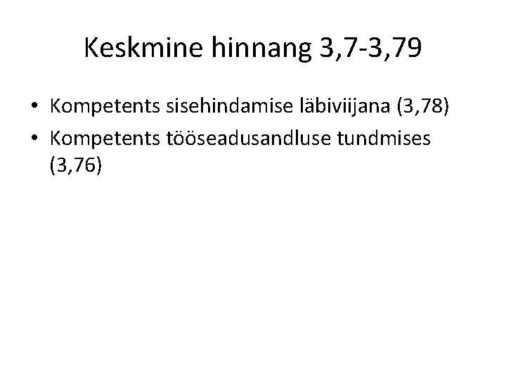 Keskmine hinnang 3, 7 -3, 79 • Kompetents sisehindamise läbiviijana (3, 78) • Kompetents