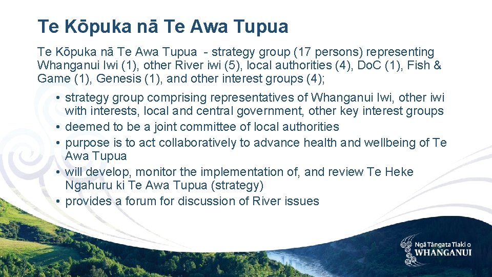 Te Kōpuka nā Te Awa Tupua - strategy group (17 persons) representing Whanganui Iwi