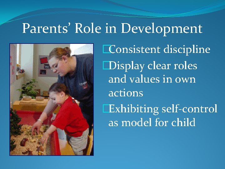 Parents’ Role in Development �Consistent discipline �Display clear roles and values in own actions