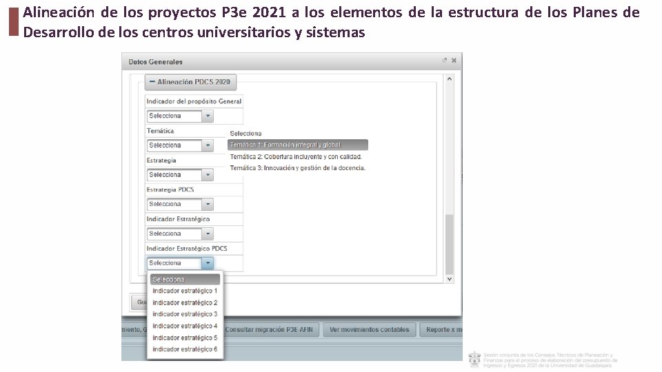 Alineación de los proyectos P 3 e 2021 a los elementos de la estructura Alineación de los proyectos P 3 e 2021 a los elementos de la estructura