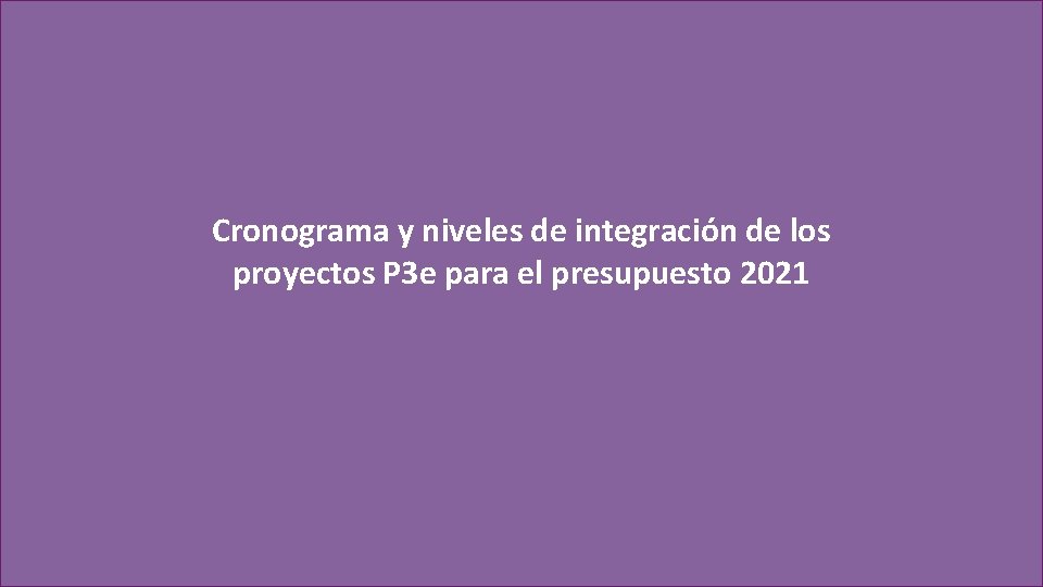 Cronograma y niveles de integración de los proyectos P 3 e para el presupuesto Cronograma y niveles de integración de los proyectos P 3 e para el presupuesto