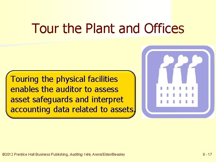 Tour the Plant and Offices Touring the physical facilities enables the auditor to assess