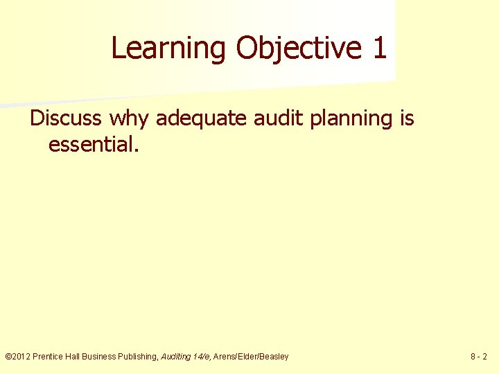 Learning Objective 1 Discuss why adequate audit planning is essential. © 2012 Prentice Hall