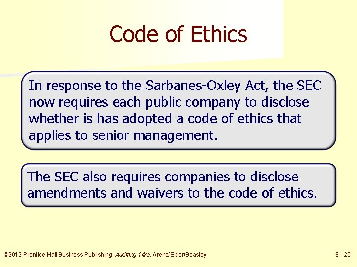 Code of Ethics In response to the Sarbanes-Oxley Act, the SEC now requires each