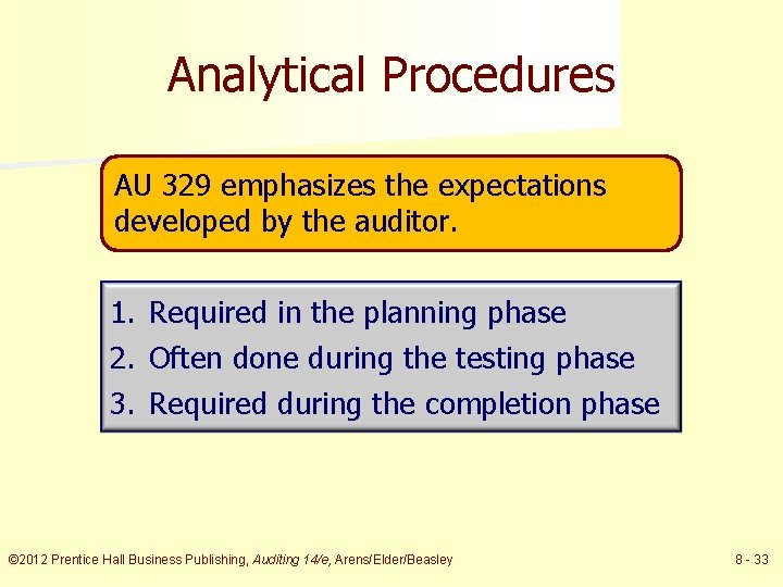 Analytical Procedures AU 329 emphasizes the expectations developed by the auditor. 1. Required in