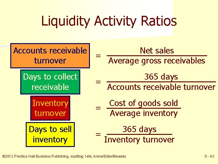 Liquidity Activity Ratios Accounts receivable Net sales = turnover Average gross receivables Days to