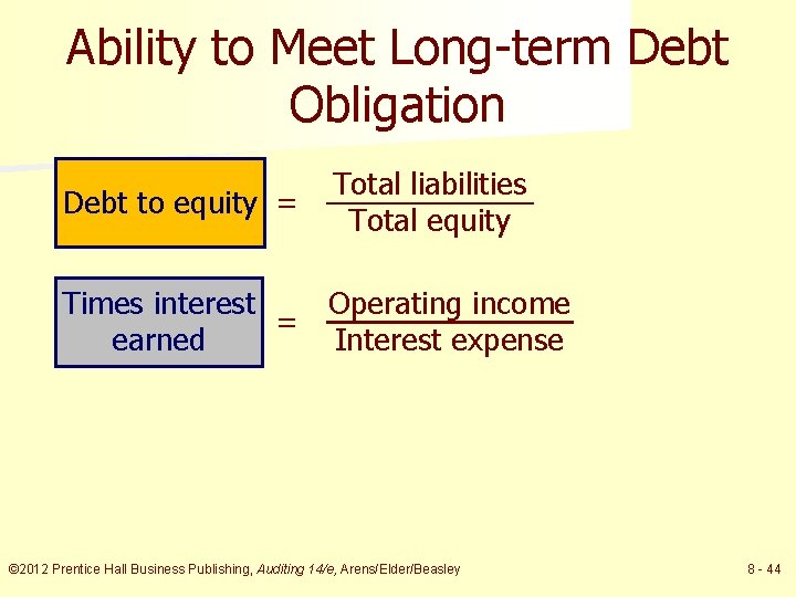 Ability to Meet Long-term Debt Obligation Debt to equity = Total liabilities Total equity