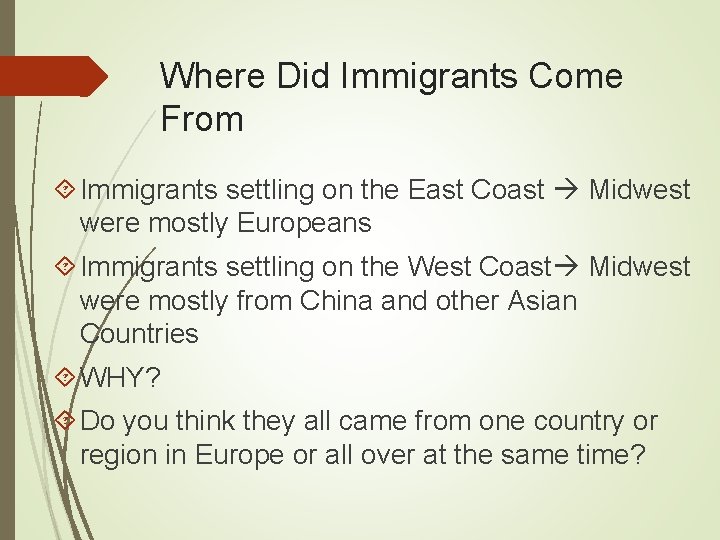 Where Did Immigrants Come From Immigrants settling on the East Coast Midwest were mostly