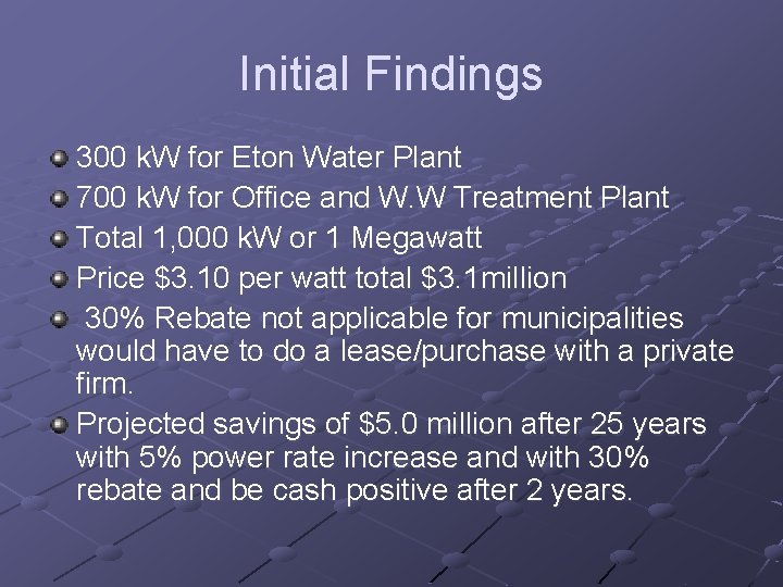 Initial Findings 300 k. W for Eton Water Plant 700 k. W for Office