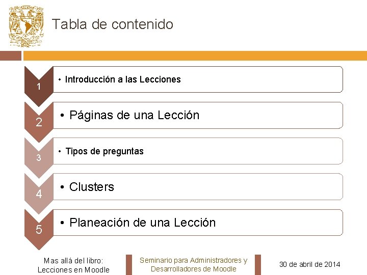  Tabla de contenido 1 2 3 4 5 • Introducción a las Lecciones