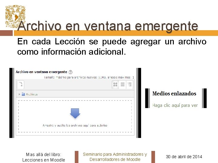 Archivo en ventana emergente En cada Lección se puede agregar un archivo como información