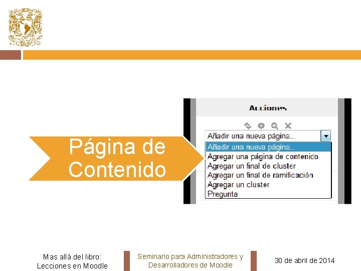 Página de Contenido Mas allá del libro: Lecciones en Moodle Seminario para Administradores y