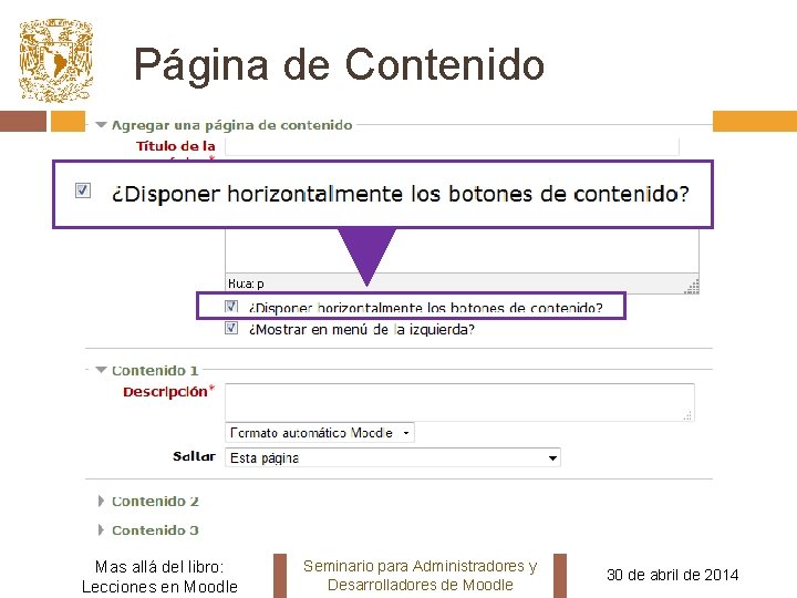 Página de Contenido Mas allá del libro: Lecciones en Moodle Seminario para Administradores y