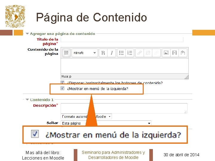 Página de Contenido Mas allá del libro: Lecciones en Moodle Seminario para Administradores y