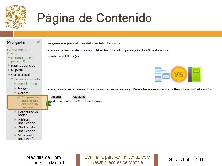 Página de Contenido Mas allá del libro: Lecciones en Moodle Seminario para Administradores y