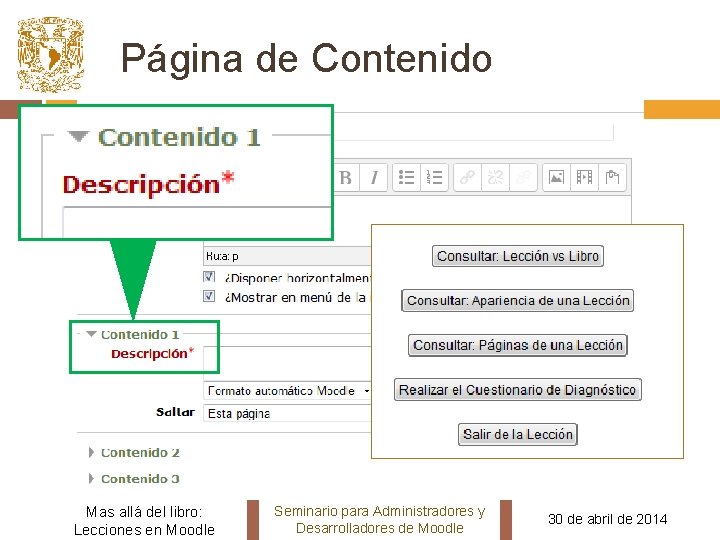 Página de Contenido Mas allá del libro: Lecciones en Moodle Seminario para Administradores y