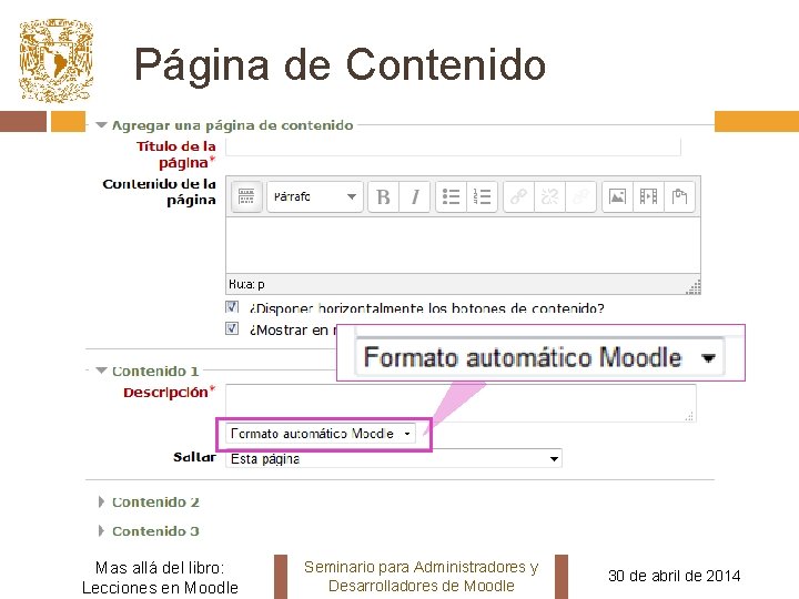 Página de Contenido Mas allá del libro: Lecciones en Moodle Seminario para Administradores y