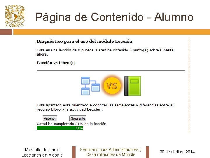 Página de Contenido - Alumno Mas allá del libro: Lecciones en Moodle Seminario para