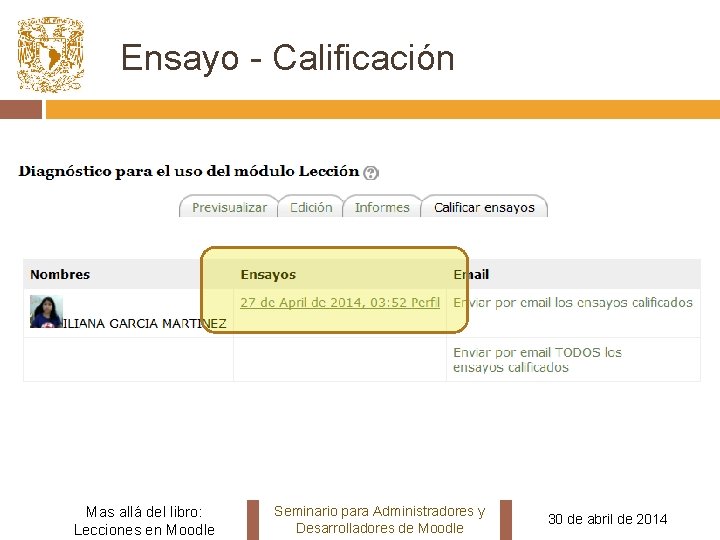 Ensayo - Calificación Mas allá del libro: Lecciones en Moodle Seminario para Administradores y