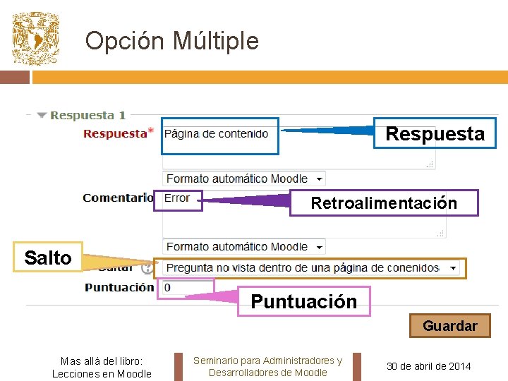 Opción Múltiple Respuesta Retroalimentación Salto Puntuación Guardar Mas allá del libro: Lecciones en Moodle